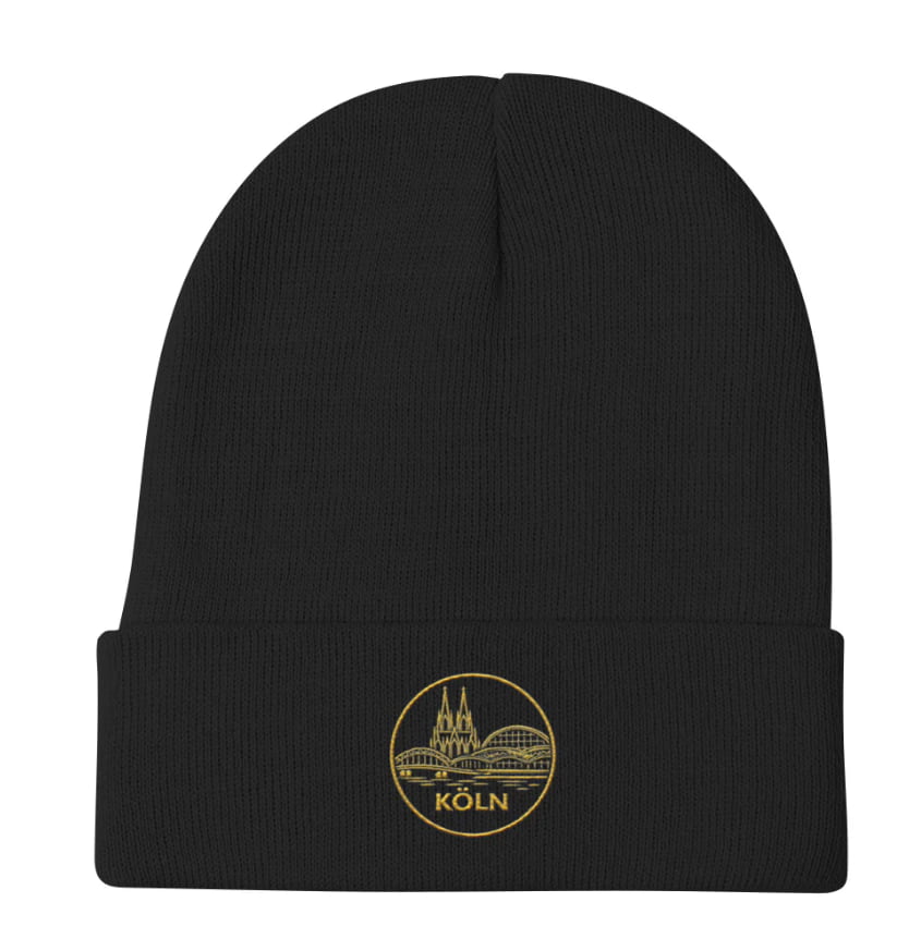 Black beanie with gold emblem and 'Köln' text on a white background