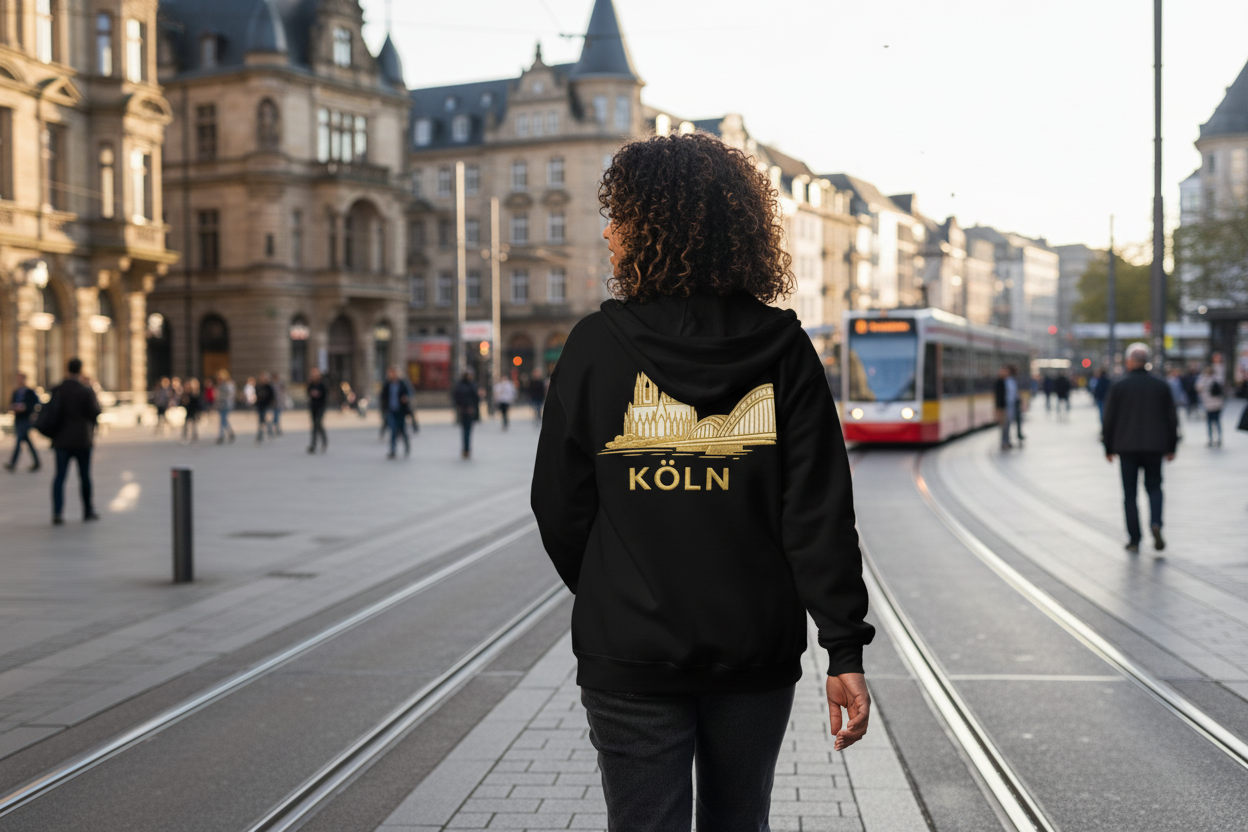 Person wearing a black hoodie with 'Köln' design walking on a city street.