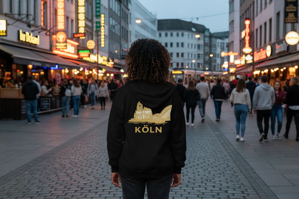 Person wearing a black hoodie with 'Köln' and a cityscape design on a busy street at dusk.