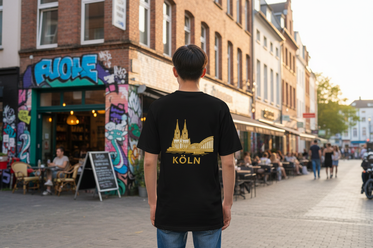 Person wearing a black t-shirt with 'Köln' design in an urban setting