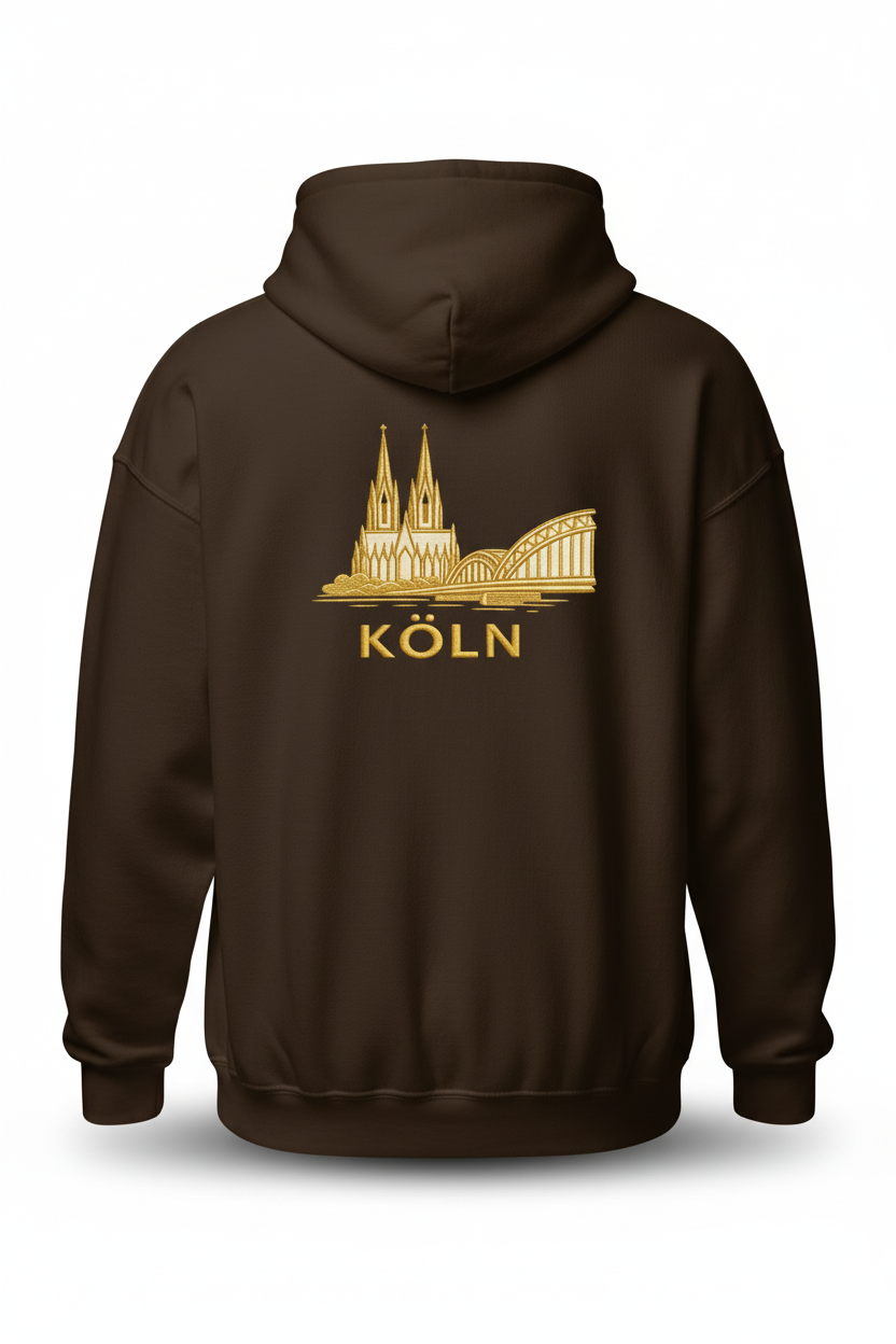 Brown hoodie with gold 'Köln' and cathedral design on the back, on a white background