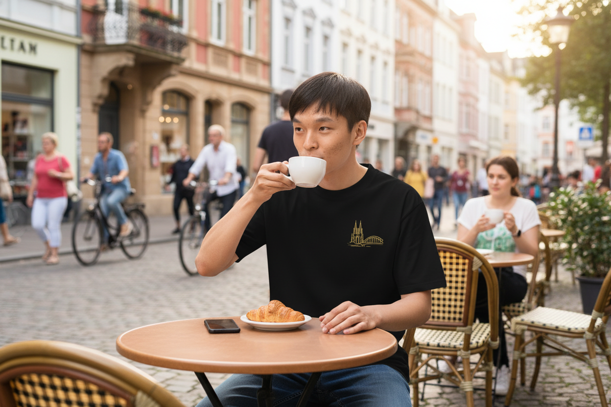 Man drinking from a cup at an outdoor cafe with people and buildings in the background. Cafe scene (lifestyle, aspirational)