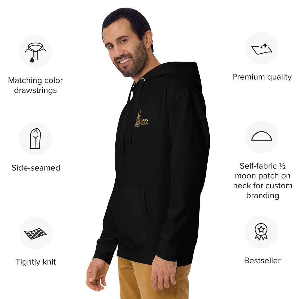 Man wearing a black hoodie with a gold patch, surrounded by icons and text about hoodie features.