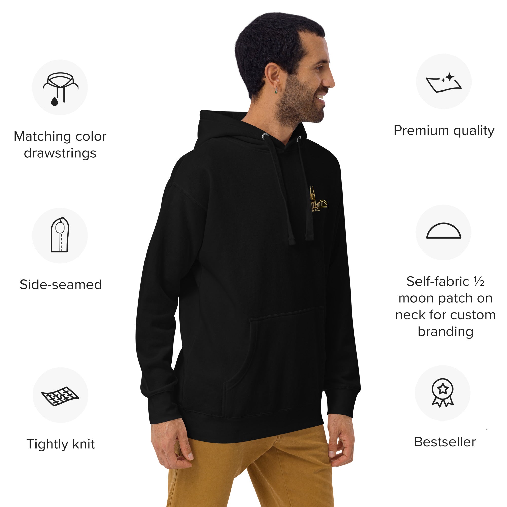 Man wearing a black hoodie with features listed on the left, on a white background