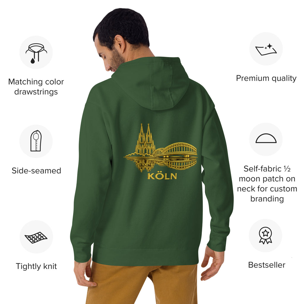 Green hoodie with 'Köln' design on the back, displayed on a man, with product features listed.