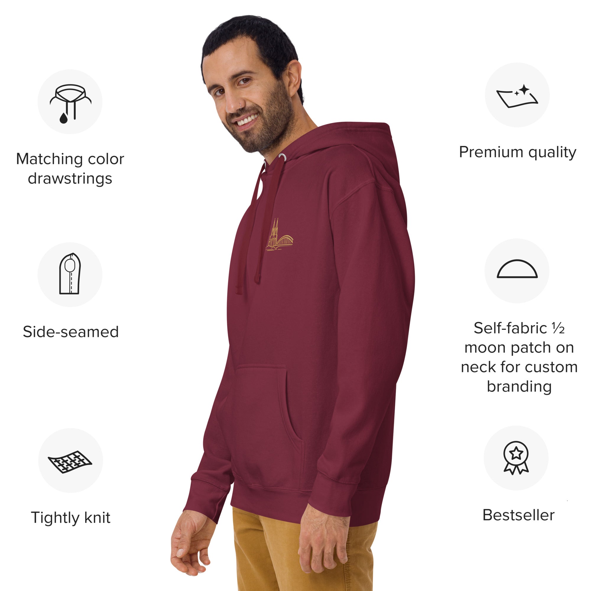Man wearing a maroon hoodie with features highlighted on the left and right sides.
