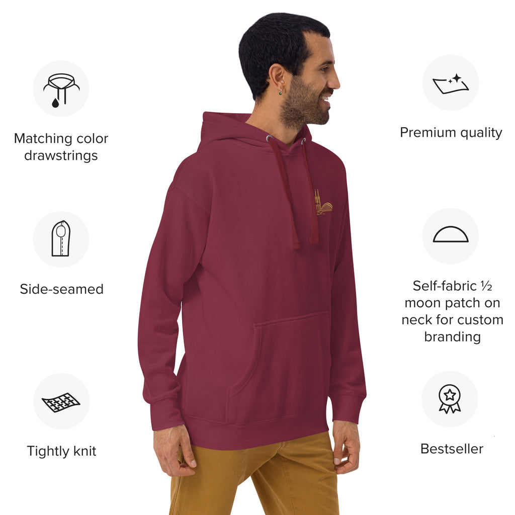 Man wearing a maroon hoodie with features listed on the left, on a white background