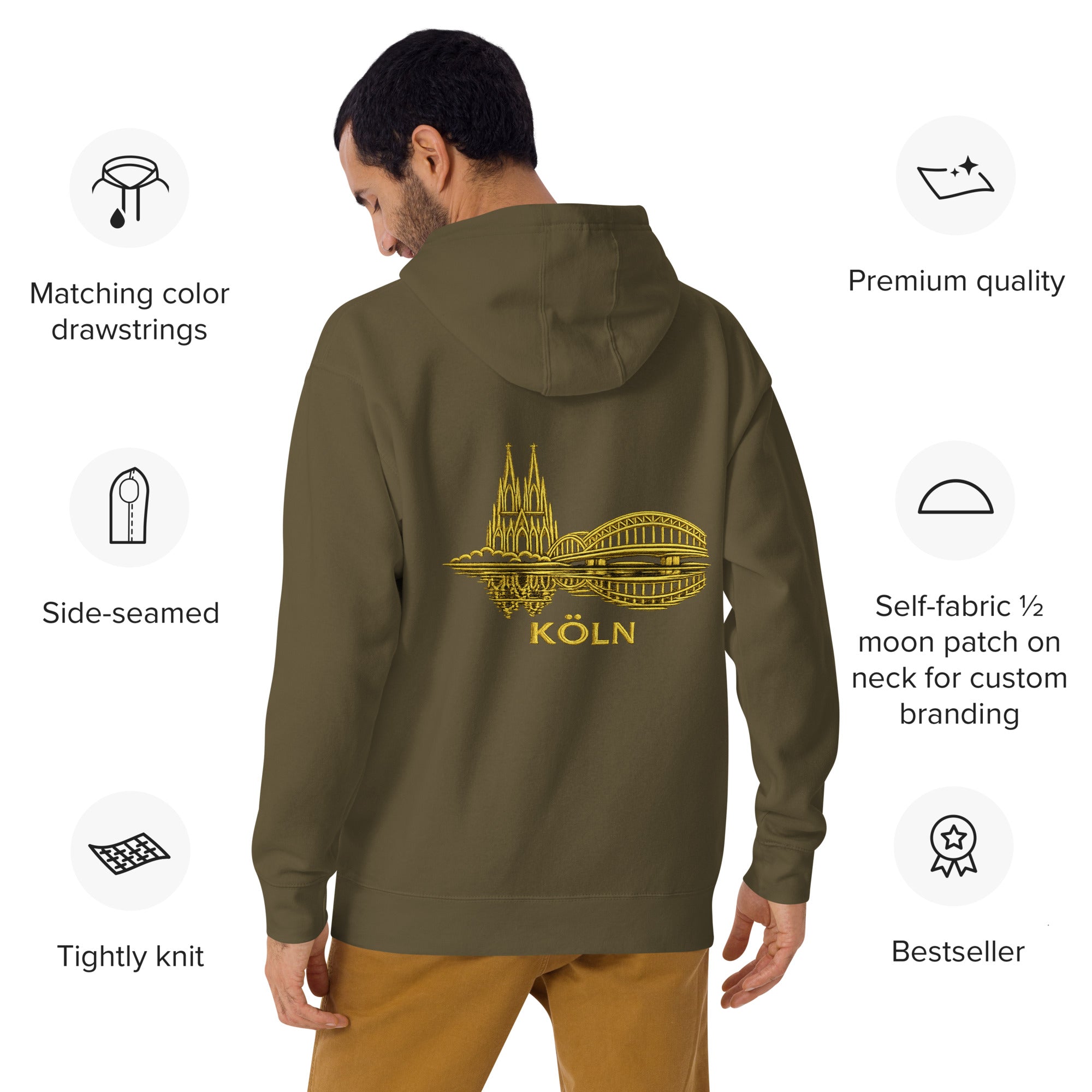 Man wearing a green hoodie with 'Köln' design on the back, surrounded by product features.