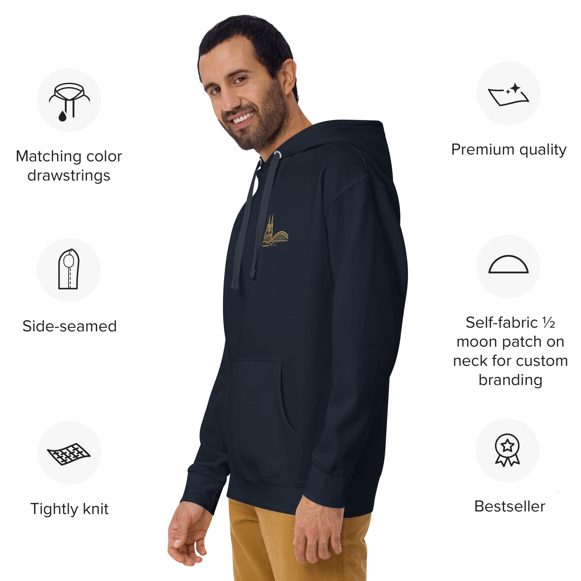 Man wearing a black hoodie with a gold patch, surrounded by icons and text about hoodie features.