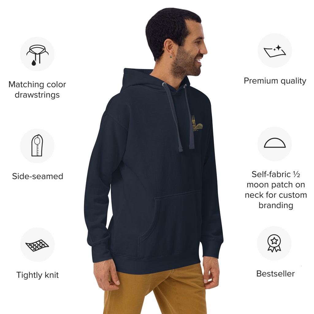 Man wearing a navy hoodie with features listed on the left, on a white background