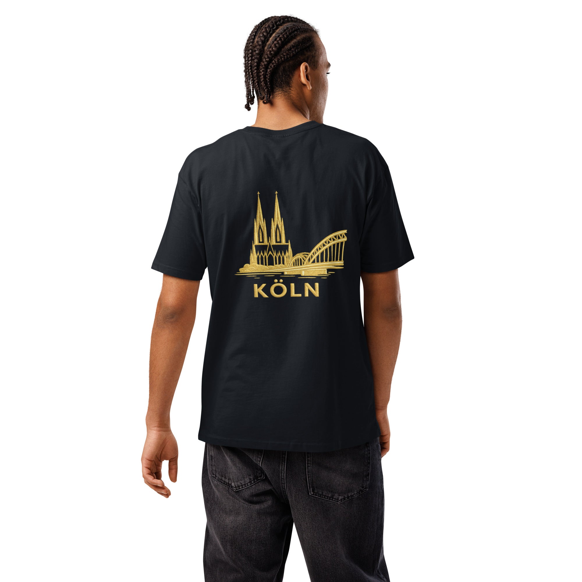 Men's Premium T-Shirt in Navy Blazer - Back View Showing Gold Cathedral