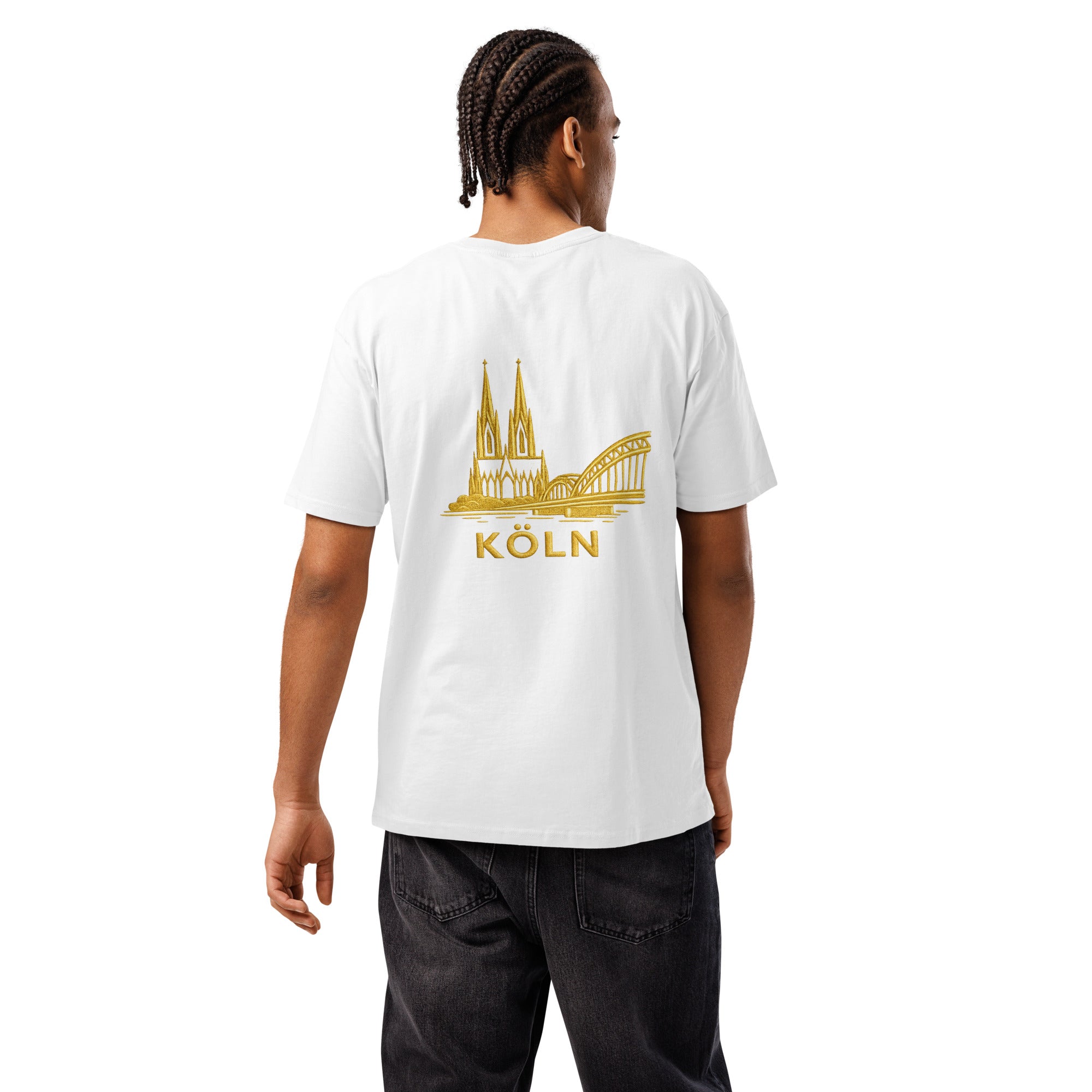 Men's Soft Cotton T-Shirt in White - Back View Showing Gold Cathedral Design