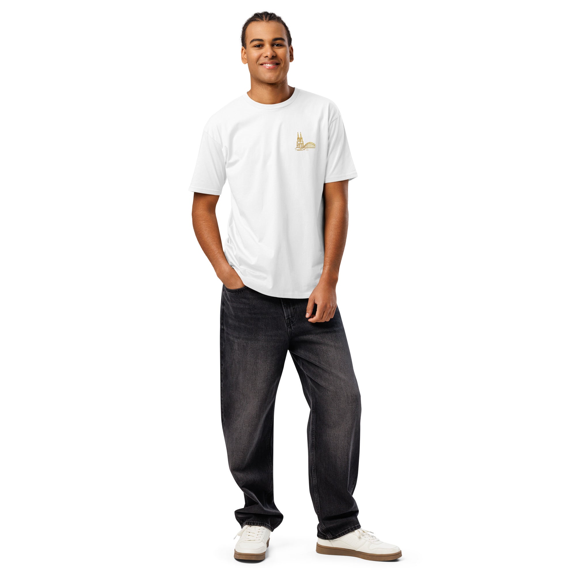 Men's Premium T-Shirt in White - Front View with Köln Cathedral Logo