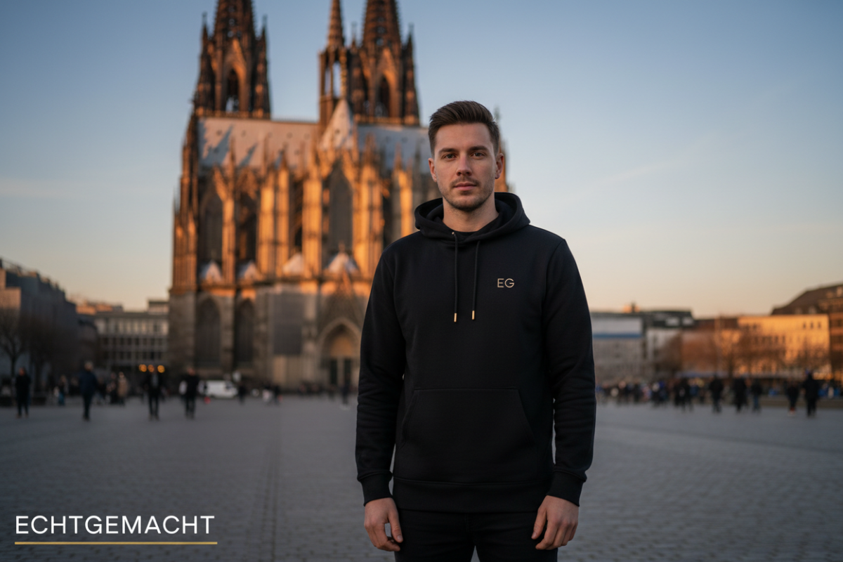 Man wearing a premium black hoodie with a logo in front of Köln cathedral