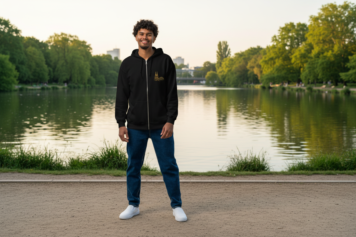 Person standing by a lake wearing Echtgemacht zipper Hoodie with Löln Dom logo with trees in the background