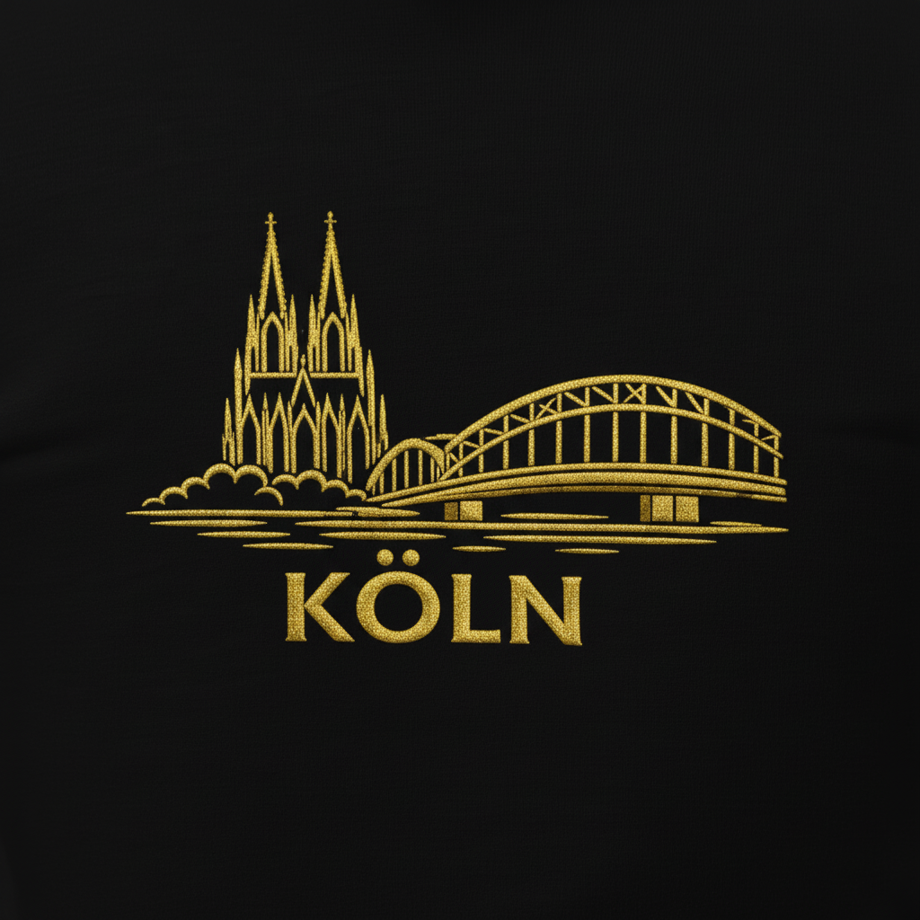 Gold silhouette of a cathedral and bridge with 'Köln' text on a black background