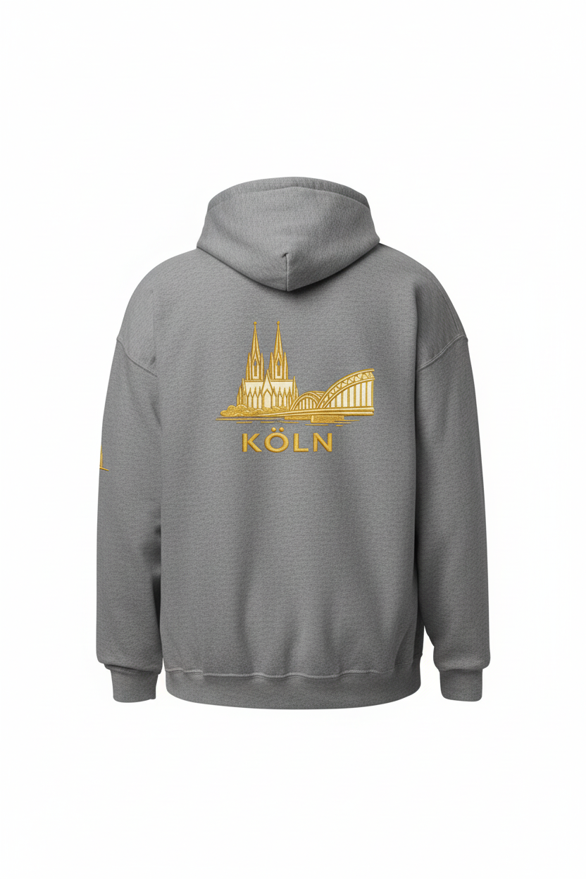 Gray hoodie with gold 'Köln' and cathedral design on the back against a white background