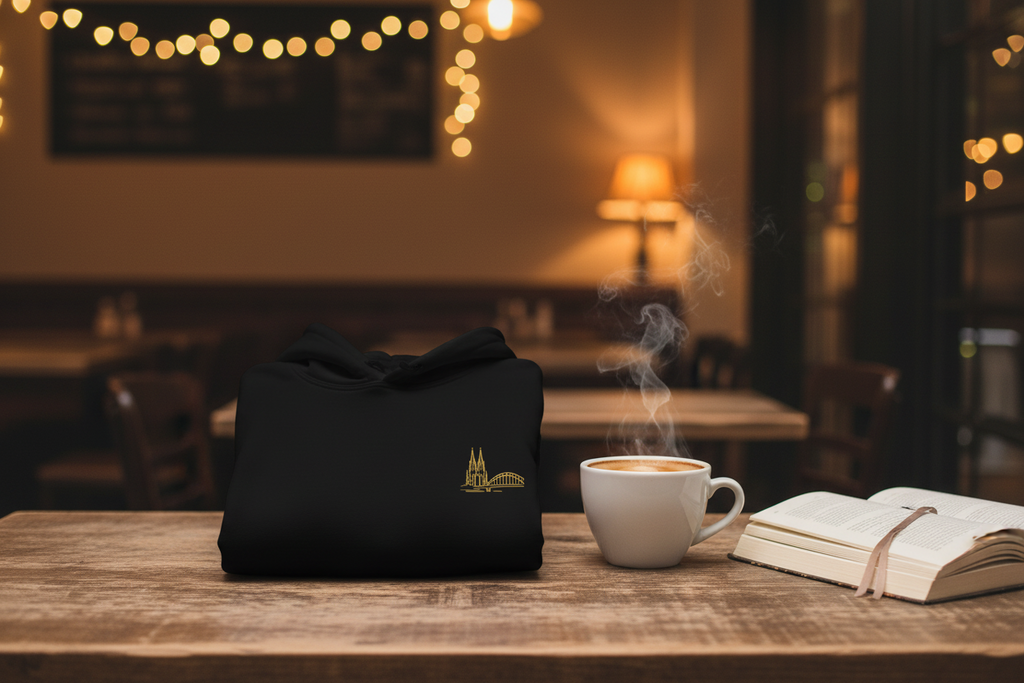 Black bag with a logo on a wooden table in a cozy café setting with a steaming cup of coffee and an open book.