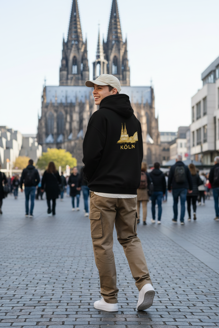 Person wearing a black hoodie with 'Köln' printed on it, standing in front of a cathedral.