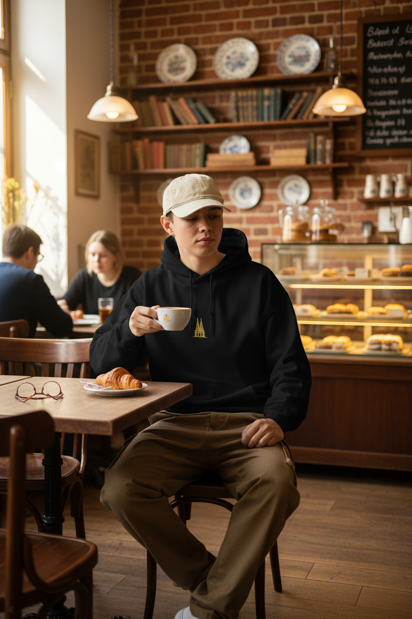 Person sitting in a cafe holding a cup, with a brick wall and shelves in the background