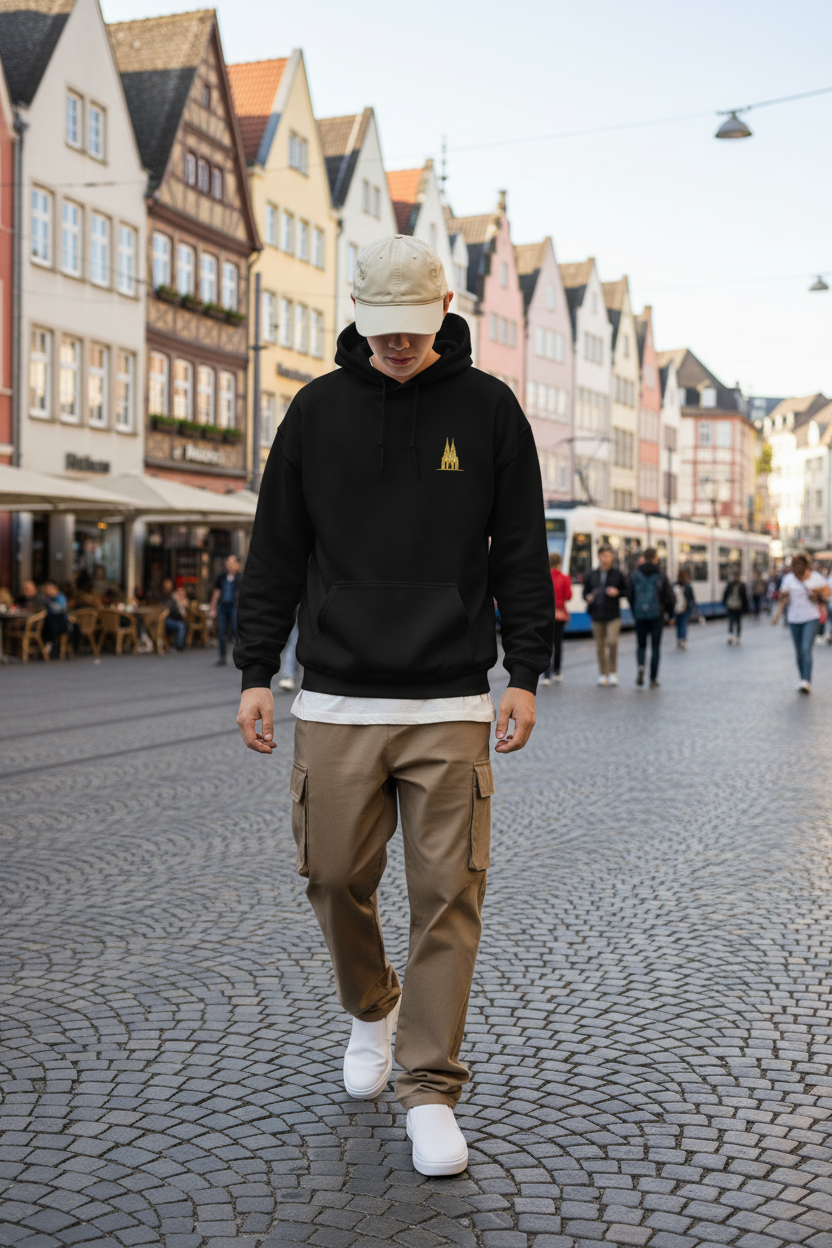 Person walking on a cobblestone street wearing black hoodie with Köln logo with historical buildings in the background