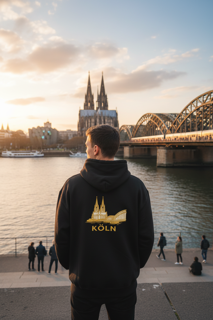 Person wearing a black hoodie with 'Köln' and cathedral design, standing by a river with a bridge and cathedral in the background.