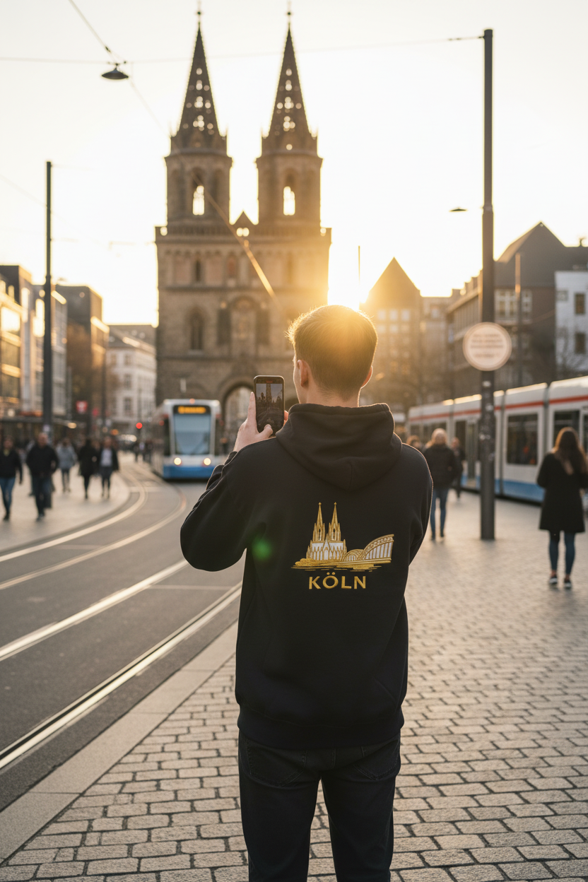 Person wearing black köln logo hoodie taking a photo of a cityscape with a prominent building in the background