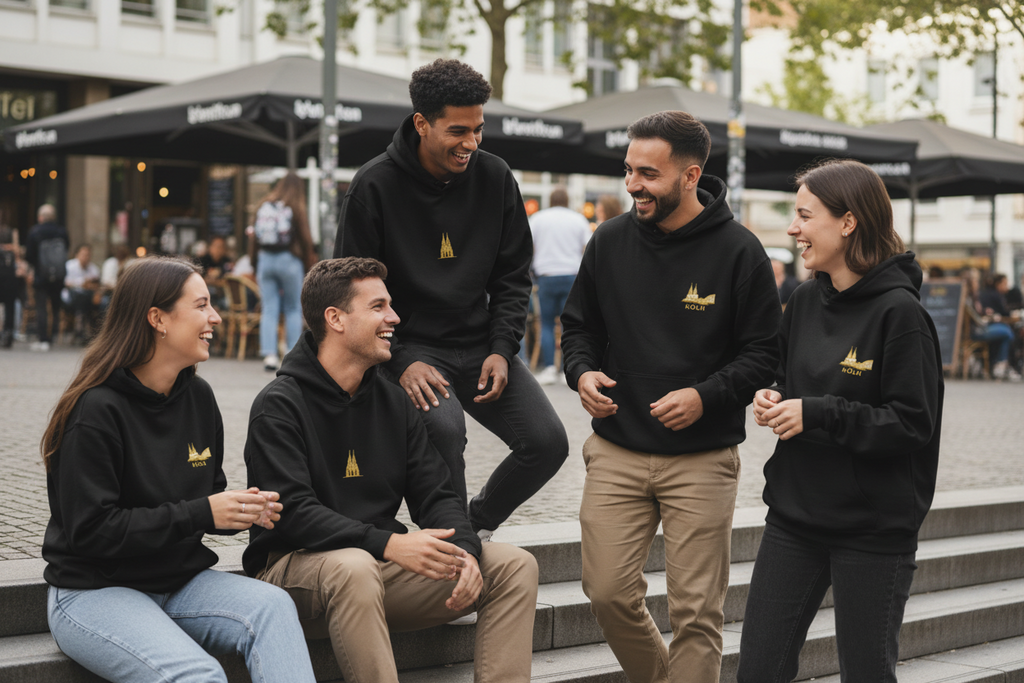 Group of people wearing black hoodies with a logo, sitting and standing outdoors.