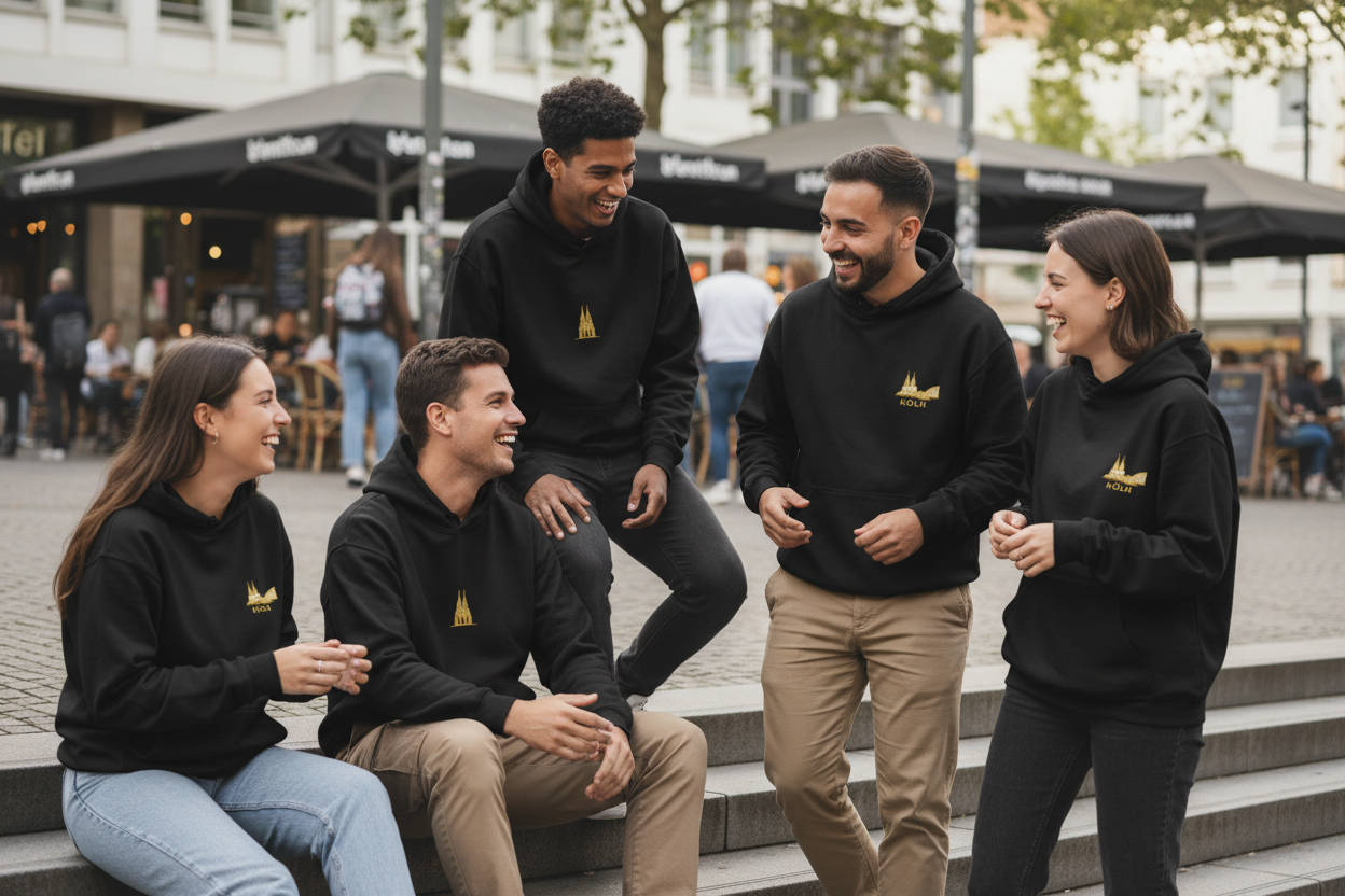 Group of people wearing black hoodies with a logo, sitting and standing outdoors.