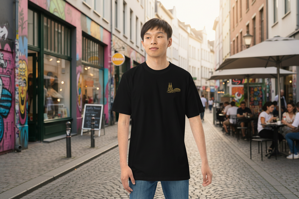 Man wearing a black t-shirt with a logo on a street with colorful buildings and people sitting at tables.