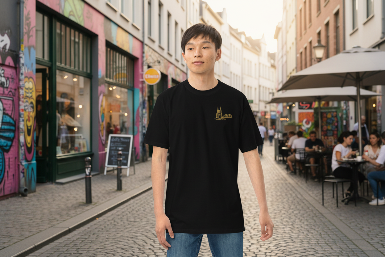 Man wearing a black t-shirt with a logo on a street with colorful buildings and people sitting at tables.