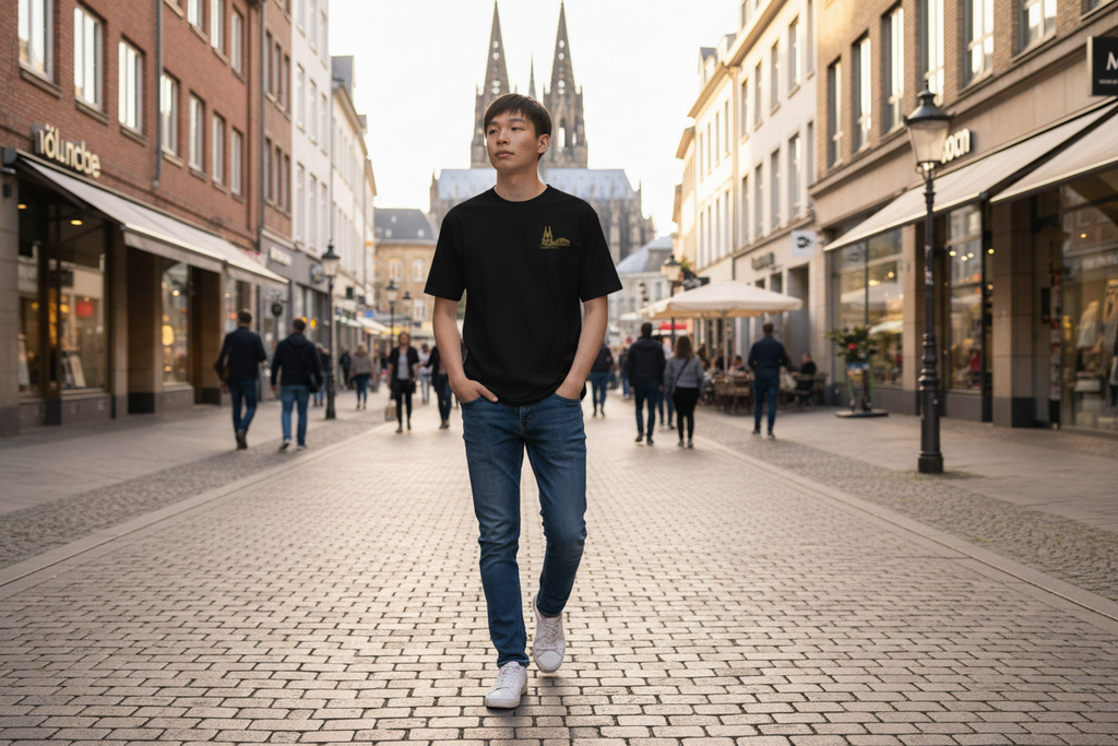 Man walking on a city street with buildings and people in the background