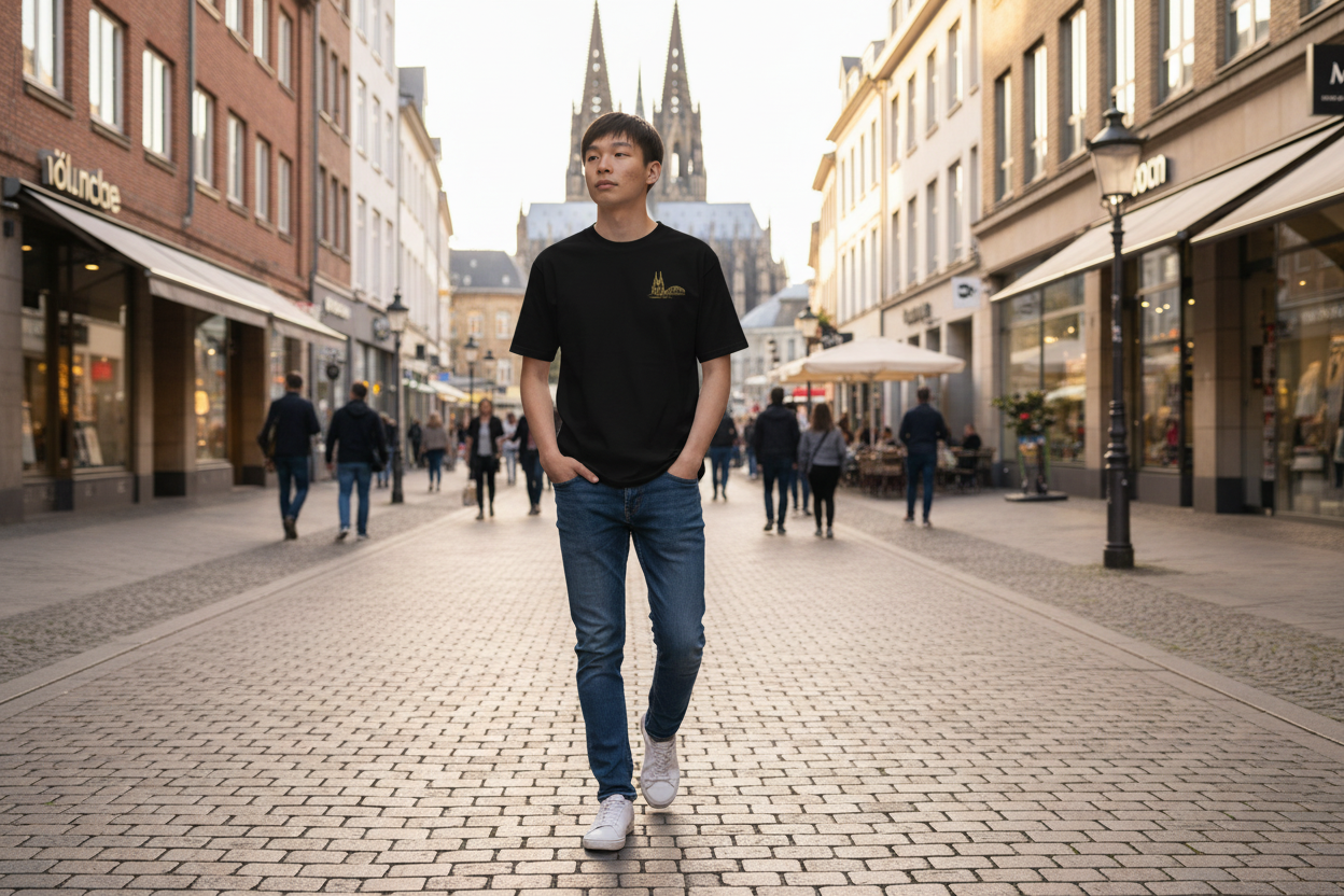 Man walking on a city street with buildings and people in the background