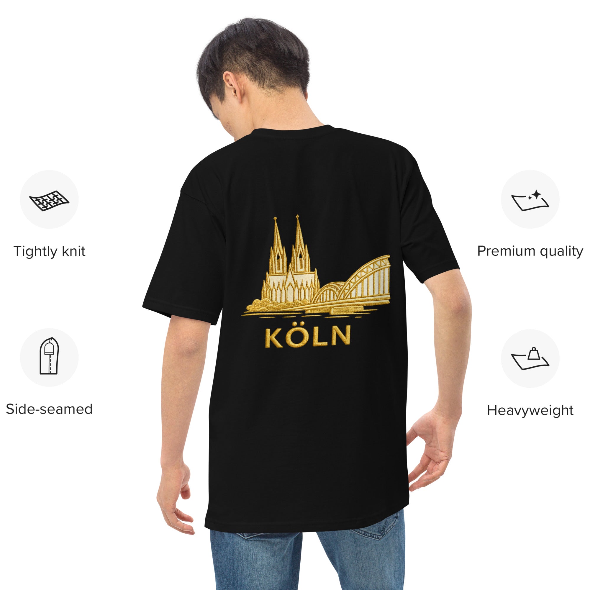 Person wearing a black t-shirt with gold 'Köln' and cathedral design on the back, with quality attributes listed.