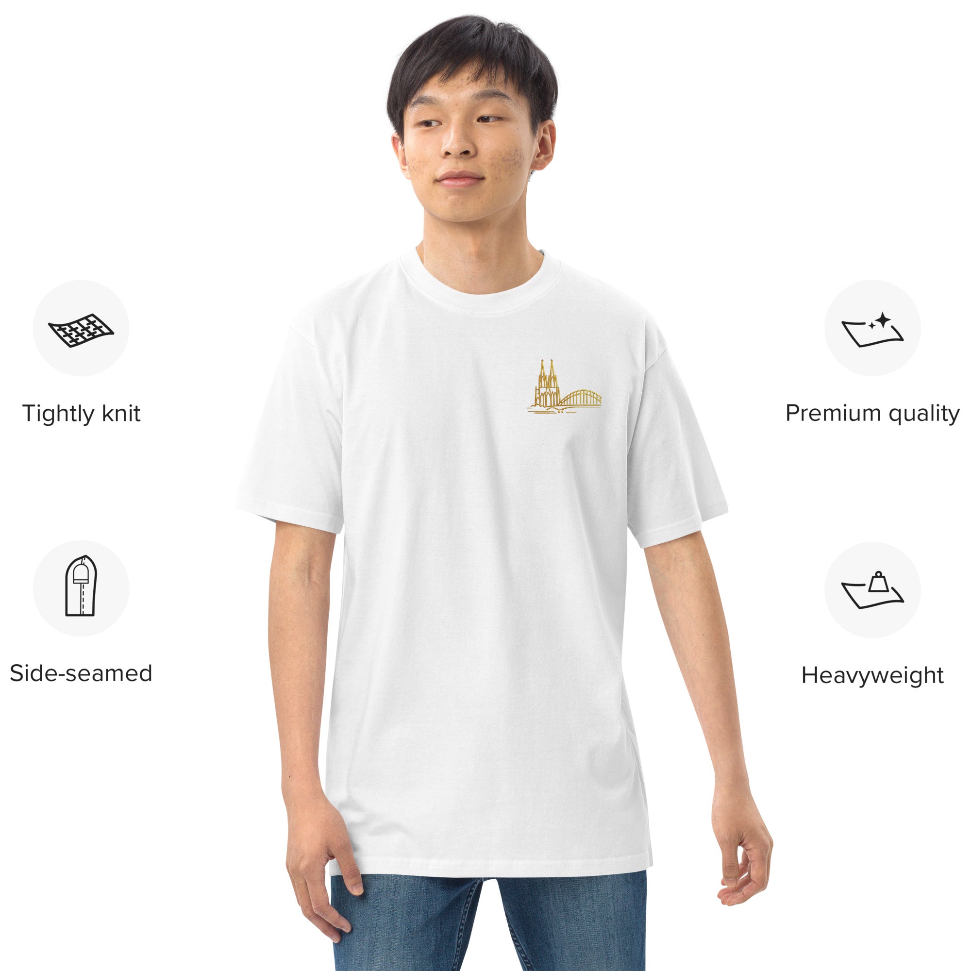 Person wearing a white t-shirt with a logo on a white background