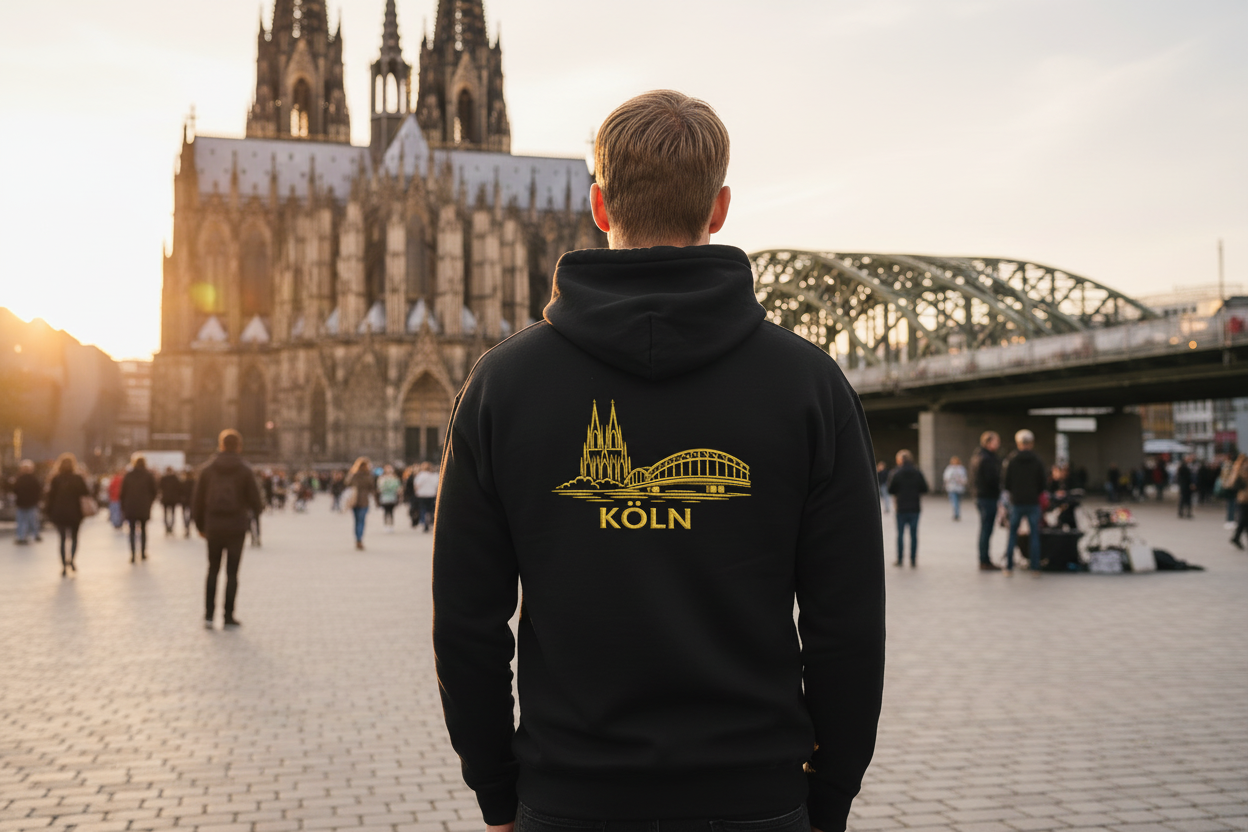 Person wearing a hoodie with 'Köln' on the back in front of the Cologne Cathedral.