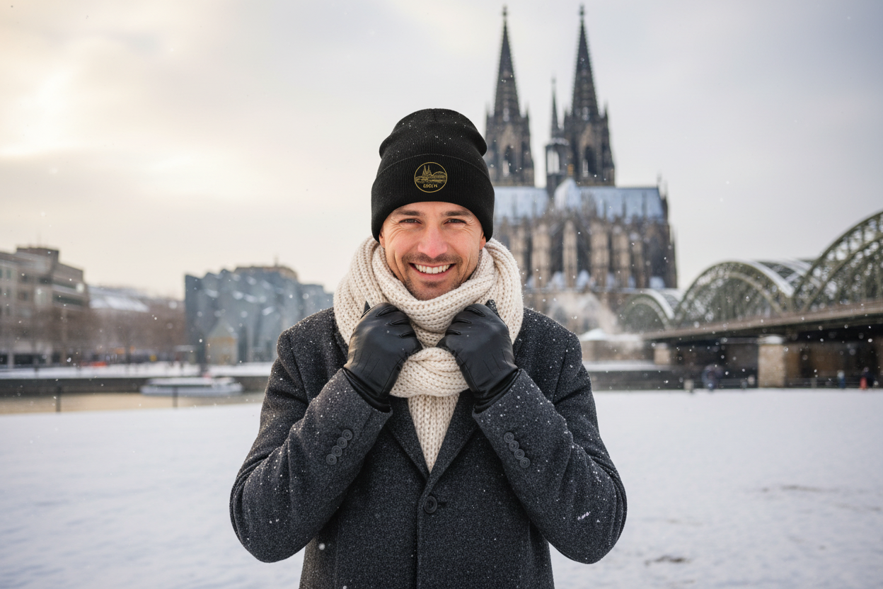 Close-up of gold Köln cathedral embroidery on black beanie