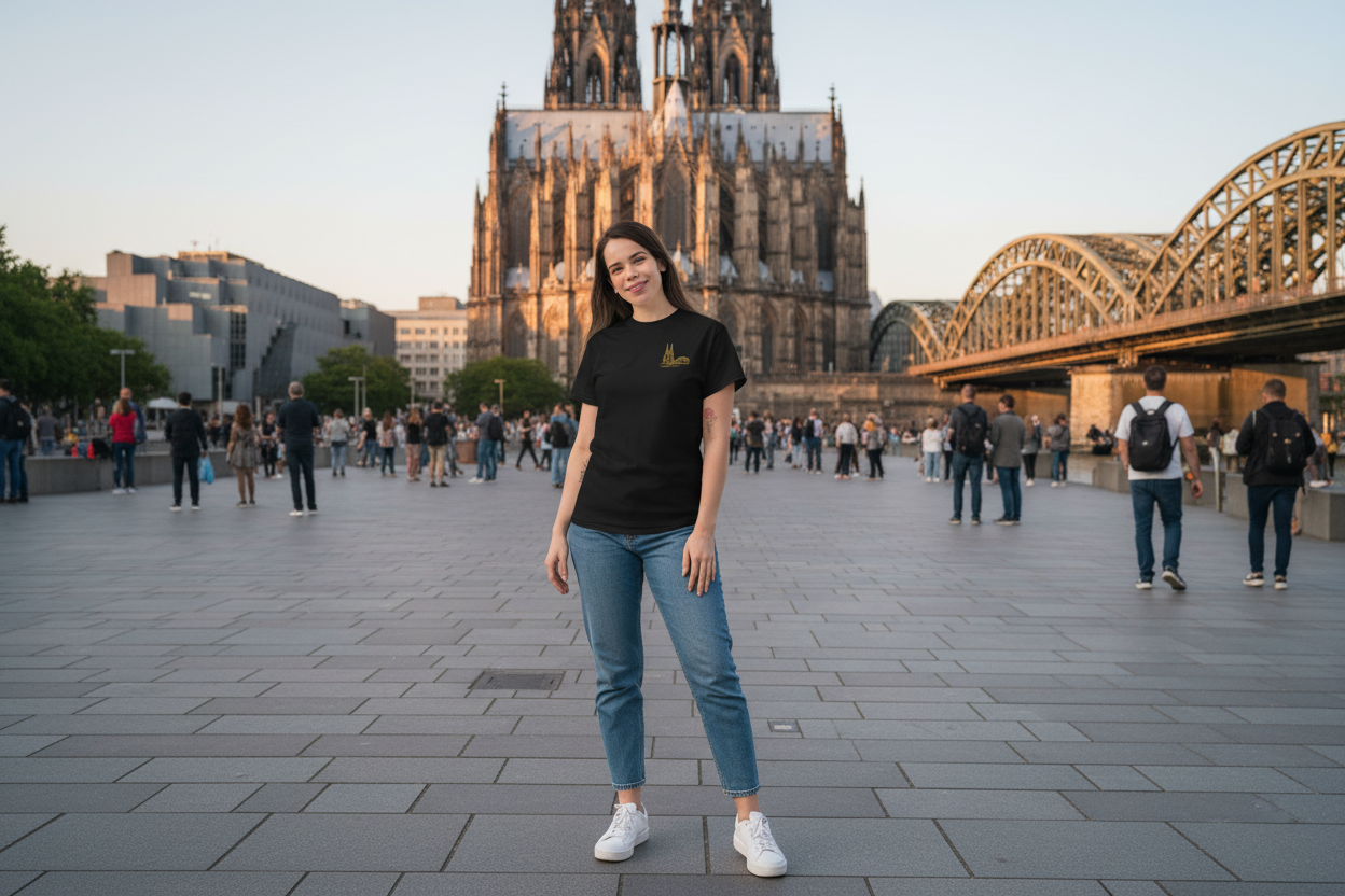 Woman standing in front of a large cathedral with a bridge in the background