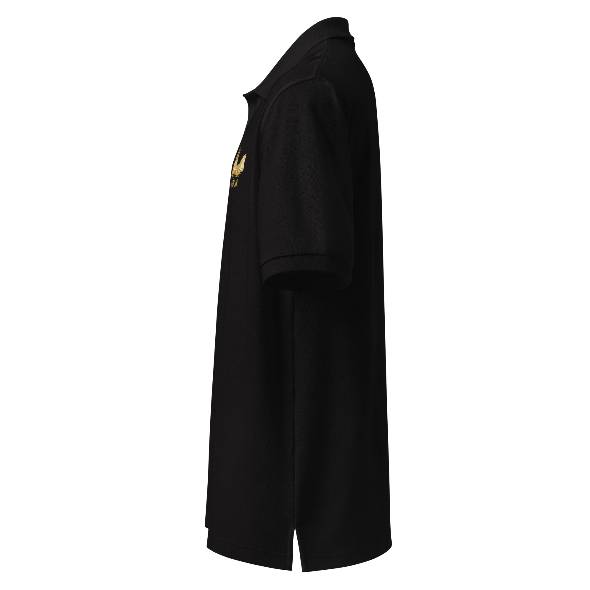 Black coat with a gold patch on a white background