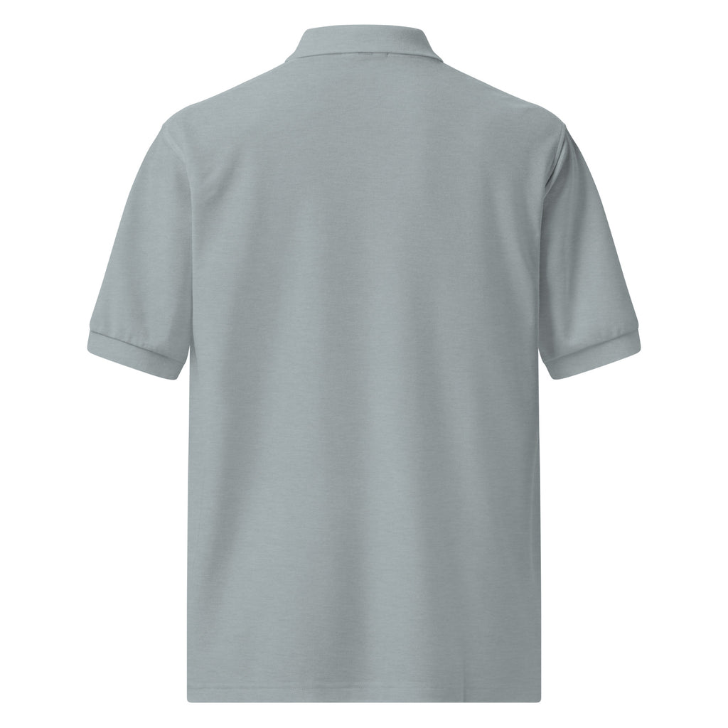 Back view of a gray polo shirt on a white background