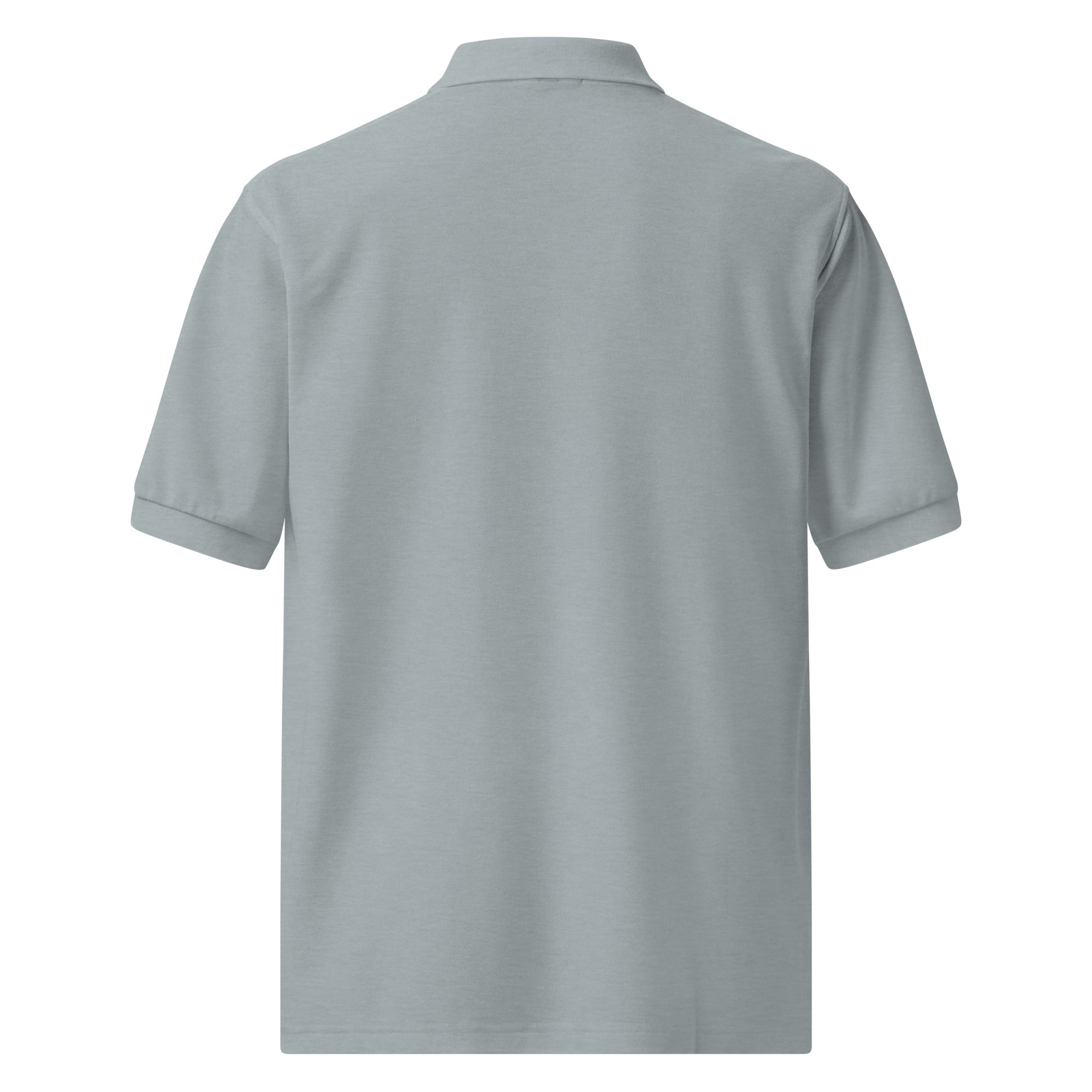 Back view of a gray polo shirt on a white background