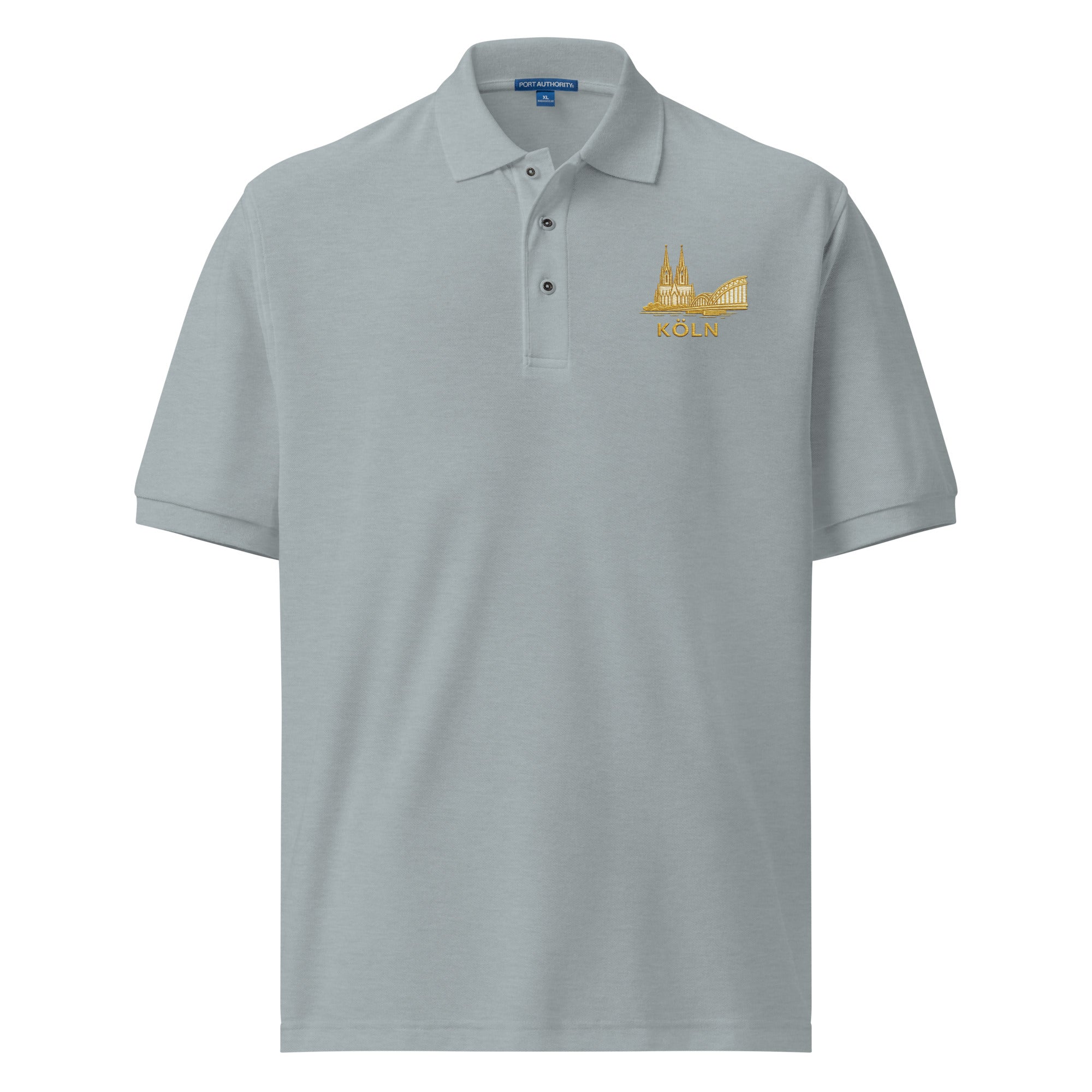 Gray heather polo shirt with a gold logo on a white background