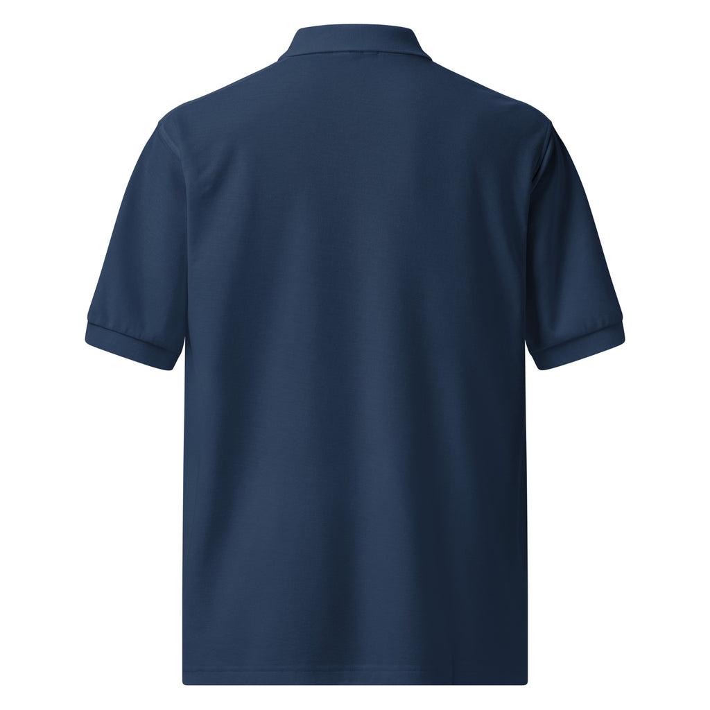 Navy blue polo shirt on a white background