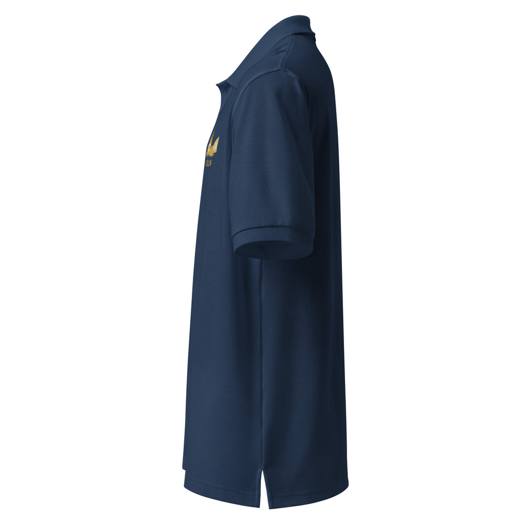 Navy blue polo shirt with a small logo on the chest against a white background