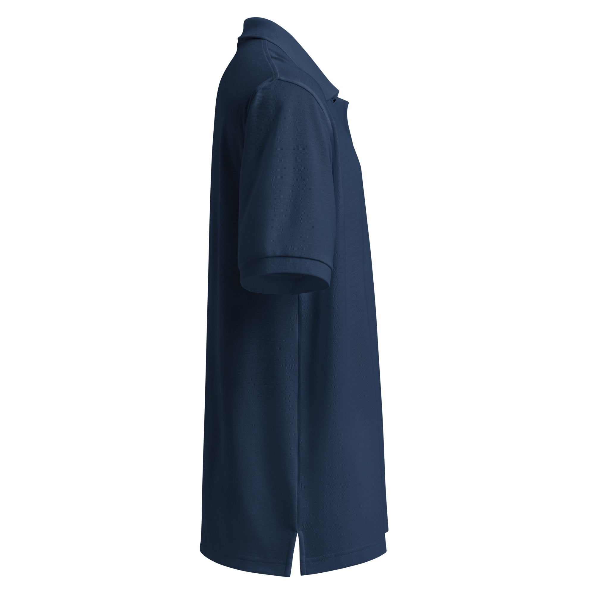 Navy blue polo shirt on a white background