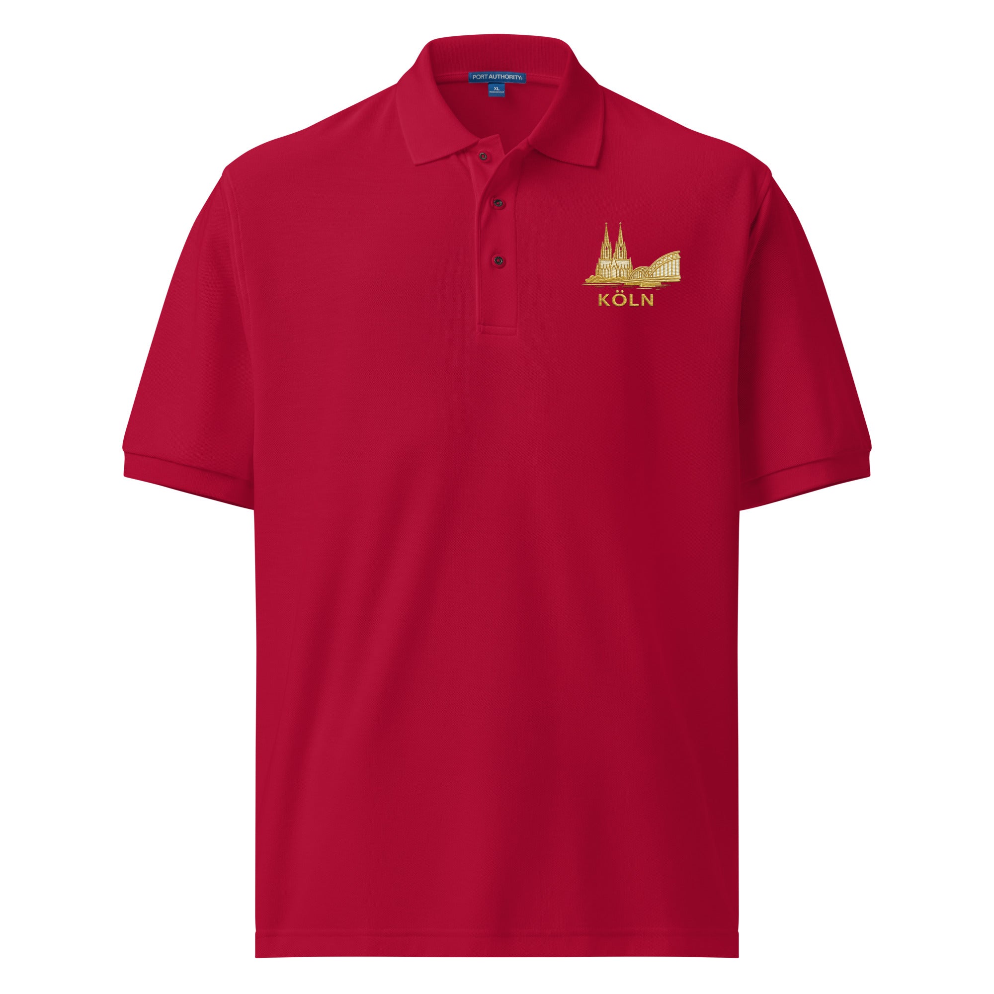 Red polo shirt with a gold emblem and 'Köln' text on a white background