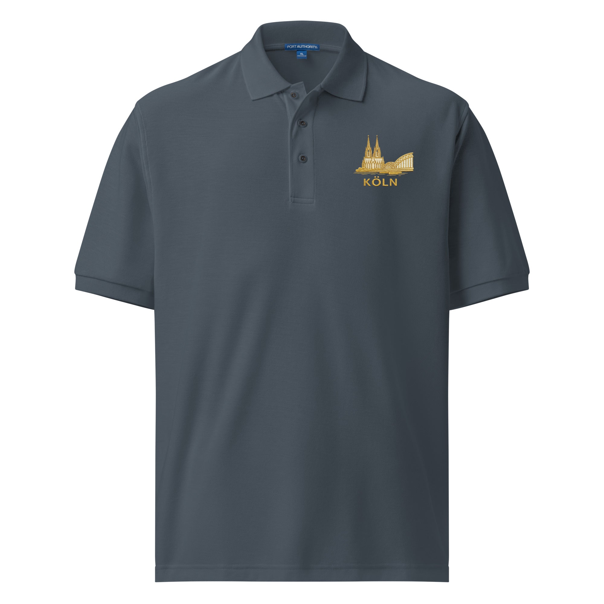 Gray polo shirt with gold emblem and 'Köln' text on a white background