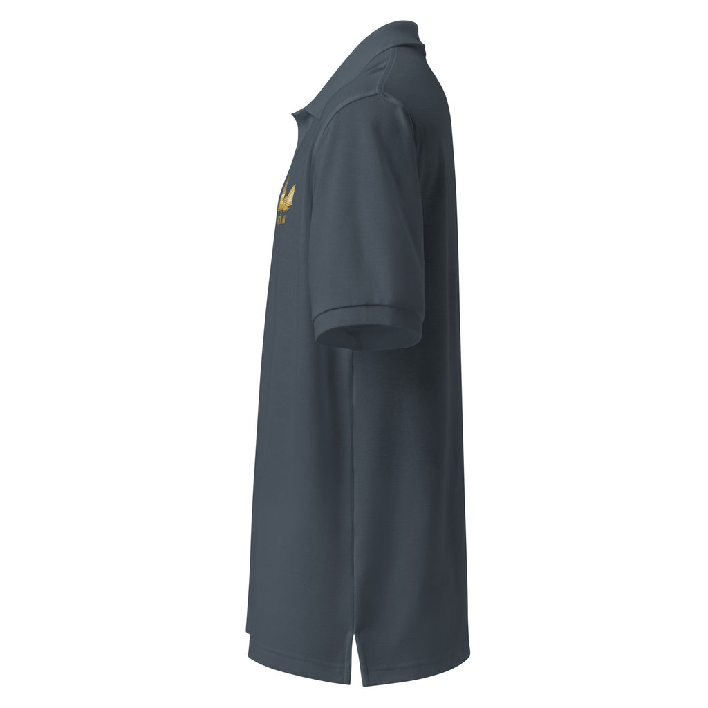 Dark gray polo shirt with a small gold köln logo on a white background