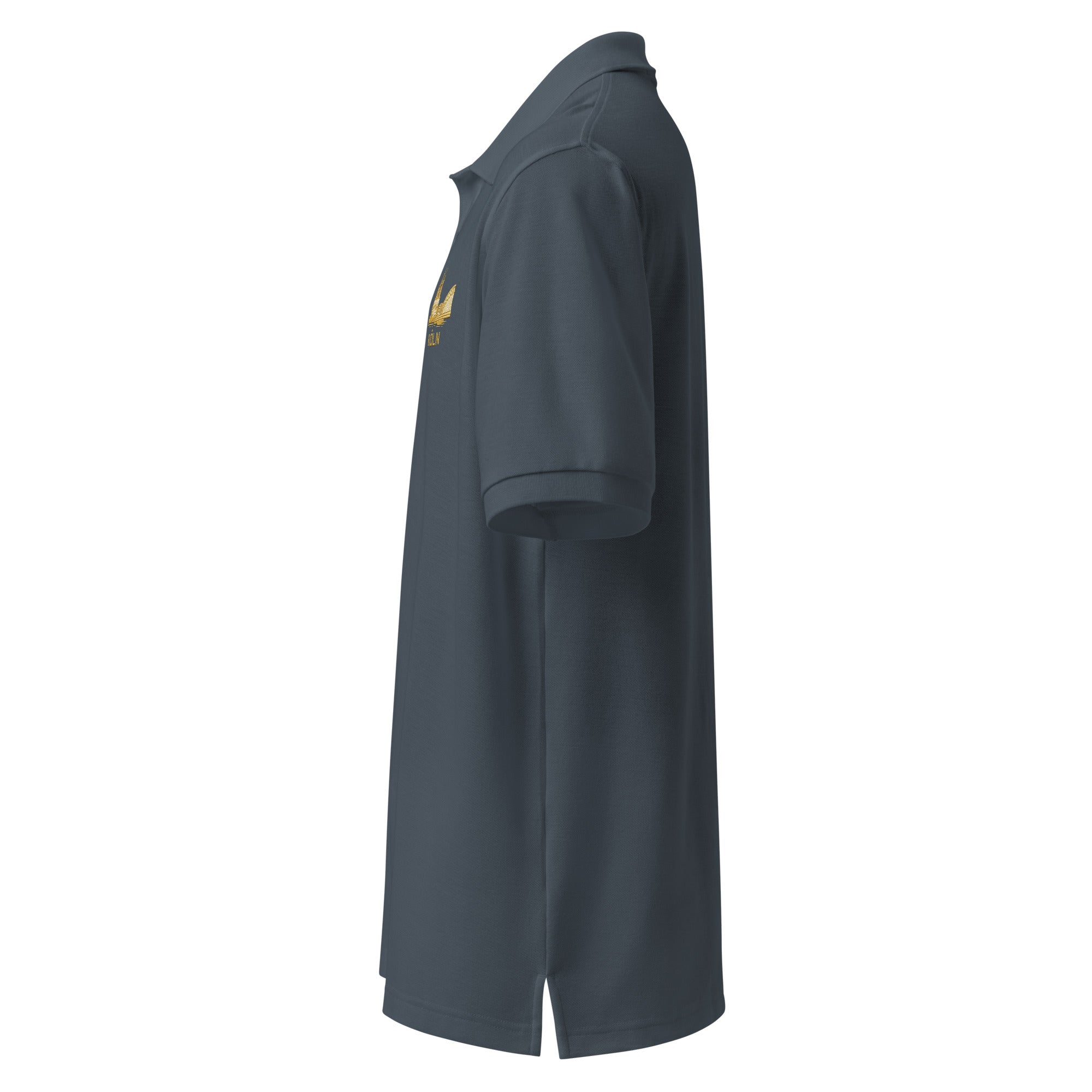 Dark gray polo shirt with a small gold köln logo on a white background