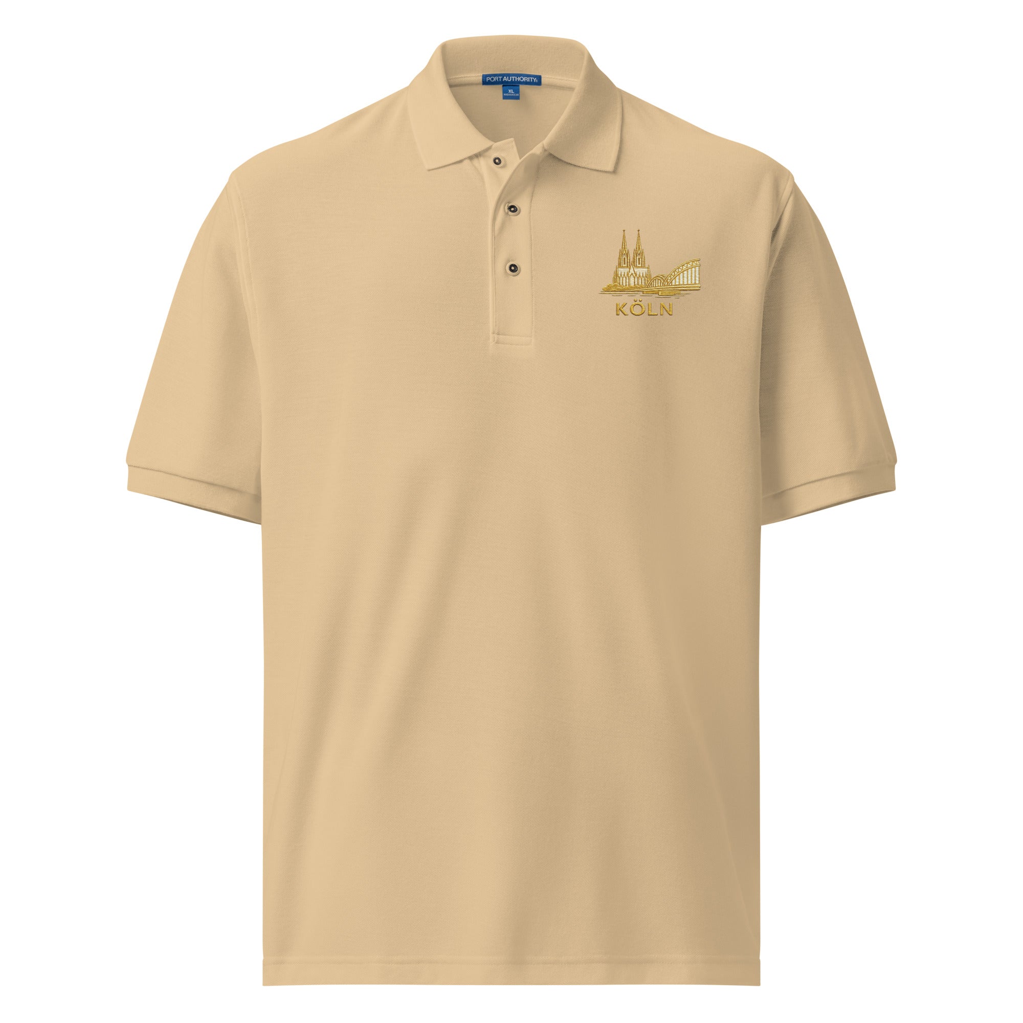Beige polo shirt with a logo on a white background